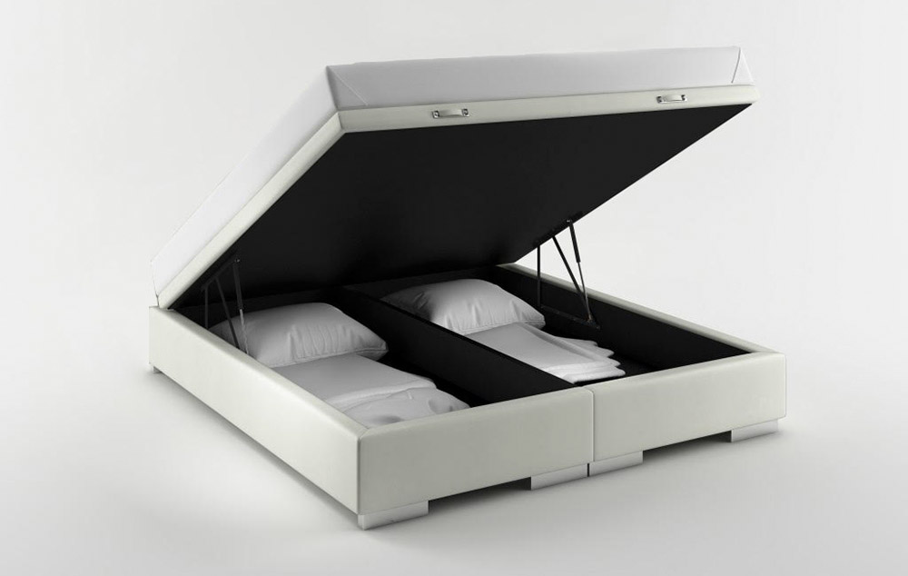 łóżko z pojemnikiem na pościel, poduszki